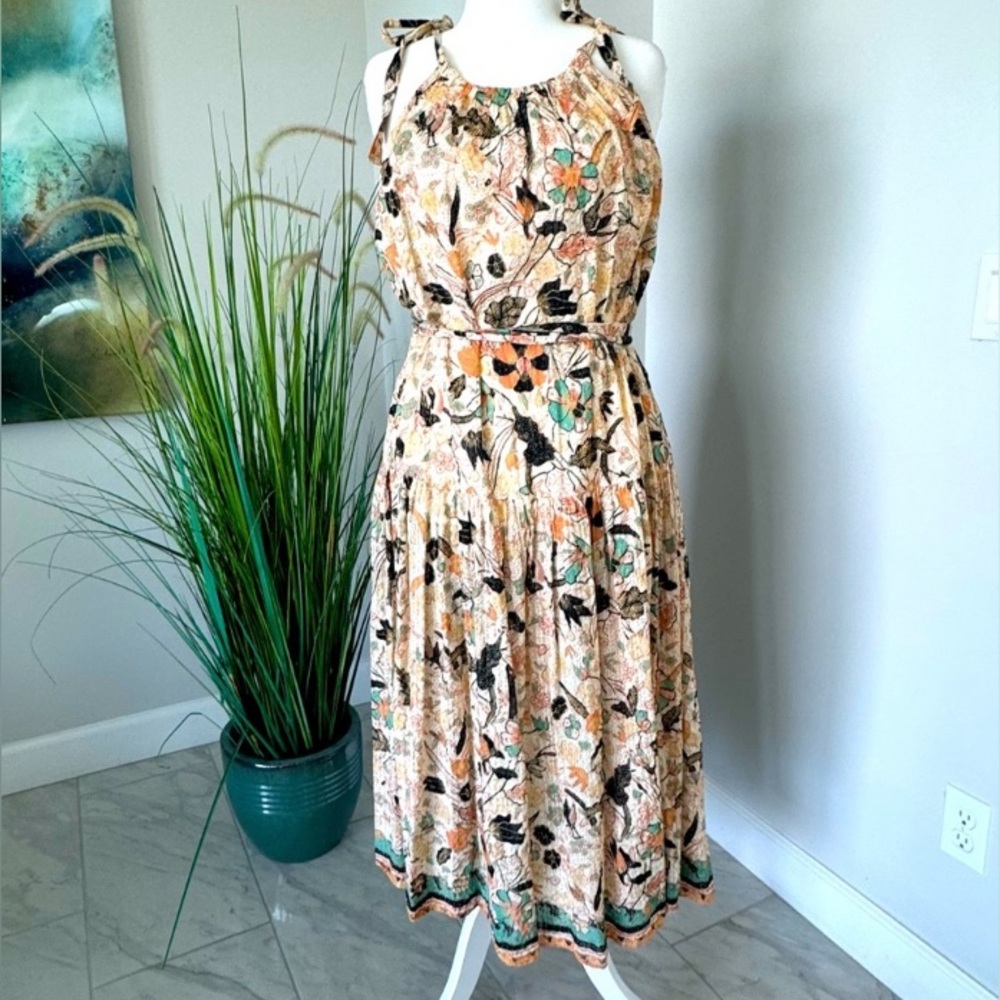 ULLA JOHNSON Samar Print Sleeveless Ruffle Hem Midi Dress size 14